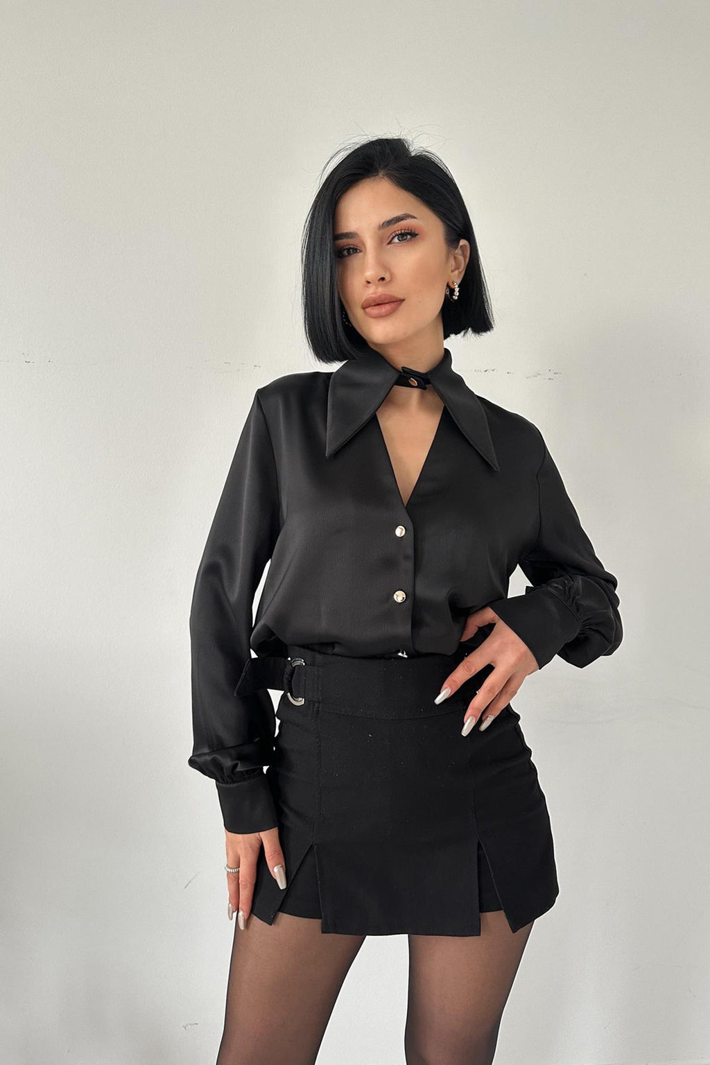 V-Flat Collar Satin Shirt